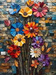 Fototapeta na wymiar Vibrant Mosaic Tile Floral Art Depicting Renewable Resources in Nature's Hues