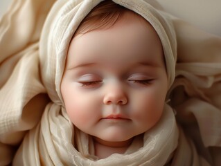 Fototapeta na wymiar A baby is sleeping with a white scarf covering his face