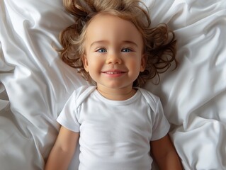 Naklejka premium A baby girl is laying on a bed with her hair in a ponytail
