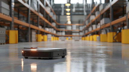Robots inside a modern warehouse, future AI support, robotics in supply chain