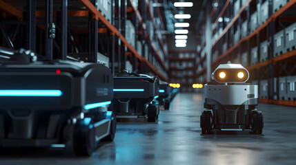 Robots inside a modern warehouse, future AI support, robotics in supply chain - obrazy, fototapety, plakaty