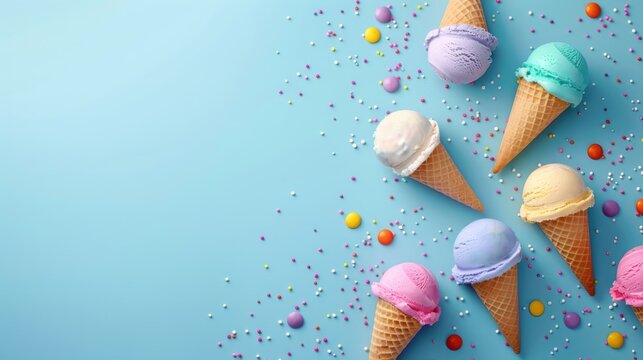 Set of multicolored ice creams in waffle cones, Flat lay of icecream cones with sprinkles on a blue background, top view of tasty ice cream template banner for a summer party invite, AI generated