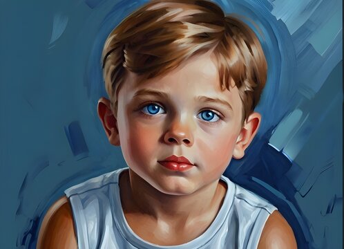 Oil Painting. Portrait of a boy with blue eyes. Blue background. Generative AI