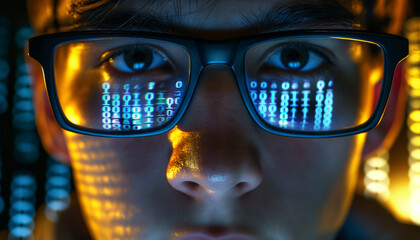 Portrait of a young male programmer wearing glasses with binary code reflection on them.