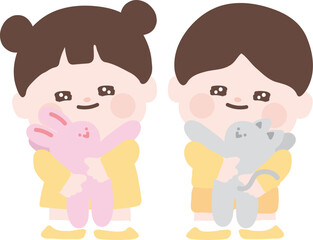 귀여운 유치원생 어린이 캐릭터와 애착인형