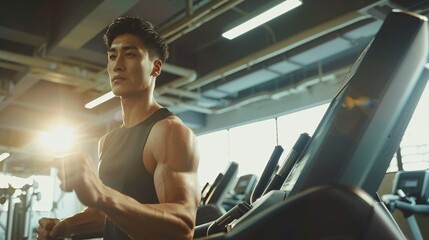 Fototapeta na wymiar athletic Asian man is training in the gym 