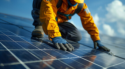 Réseau éco-électrique : connecté au soleil, pose panneaux solaires, énergie renouvelable - obrazy, fototapety, plakaty