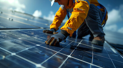 Le soleil au service de l'homme : installations durables, pose panneaux solaires, énergie renouvelable - obrazy, fototapety, plakaty