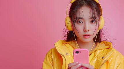A woman in a yellow jacket holding a pink phone with headphones on