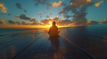Éco-innovation : durable et moderne. couché de soleil panneaux solaire