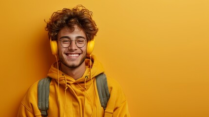 A man wearing a yellow jacket and a purple scarf is smiling - Powered by Adobe