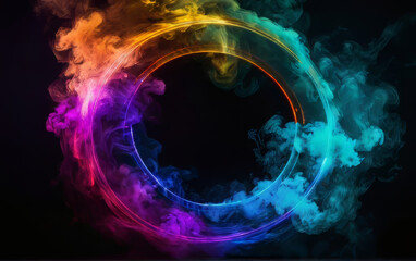 Neon circle with multicolored smoke on a black background. AI