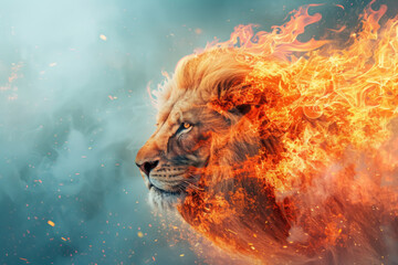 Fiery Lion Spirit: A powerful lion enveloped in flames, a digital art piece exuding strength, ferocity, and a mystical connection to the element of fire. - obrazy, fototapety, plakaty