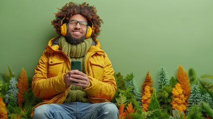 A man in a yellow jacket is sitting on the ground with his phone in his hand