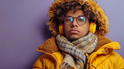 A man wearing glasses and a yellow sweater is smiling while holding a cell phone