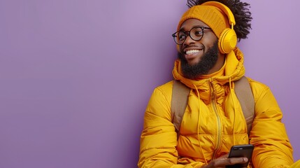 A man wearing glasses and a yellow sweater is smiling while holding a cell phone