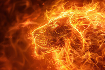 Fototapeta premium Fiery Lion Spirit: A powerful lion enveloped in flames, a digital art piece exuding strength, ferocity, and a mystical connection to the element of fire.