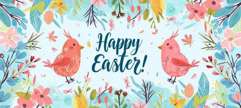 Colorful Happy Easter greeting card with birds, spring flowers and text on white background. Happy easter greeting card flowers image banner postcard