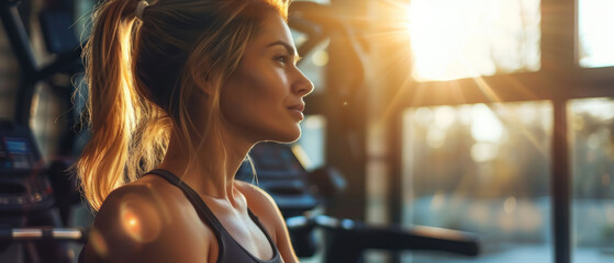 Fitness Radiance - Amidst gym equipment, a woman basks in a sunbeam, her profile etched with strength and contentment. - obrazy, fototapety, plakaty