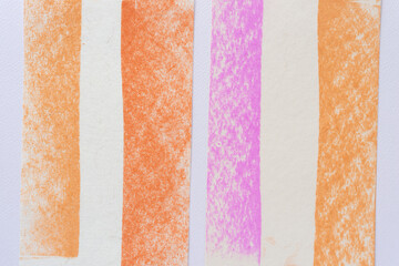 orange and pink chalk stripes arranged vertically on paper - obrazy, fototapety, plakaty