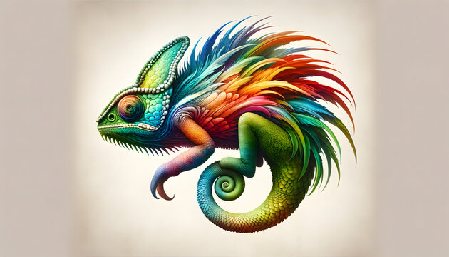 An abstract art piece depicting a creature that is a blend between a parrot and a chameleon, vibrant colors and showcases an imaginative blend of features from both animals