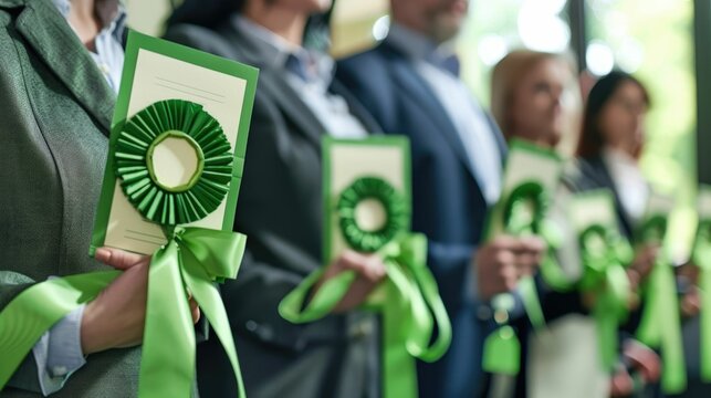 Professionals holding green wreath certificates at an environmental compliance award event, showcasing achievement and commitment.
