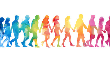 Fototapeta premium Colorful silhouettes of diverse people holding hands, Diversity Equity and Inclusion, modern company background