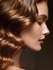 Fototapeta premium A woman with long brown hair and red lipstick
