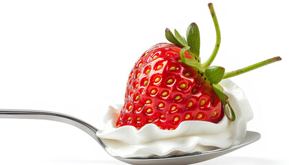 Strawberry with whipped cream on a spoon isolated on white background - obrazy, fototapety, plakaty