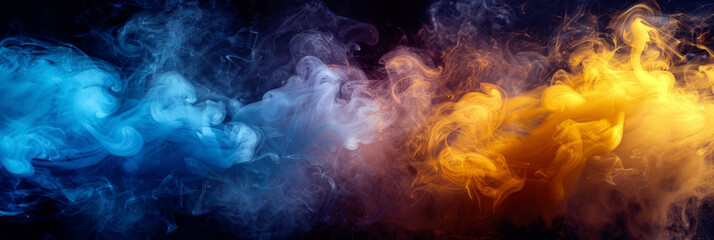 Colorful blue and yellow smoke merging and swirling while flowing on black background. - obrazy, fototapety, plakaty