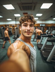 A man with a beard and a smile is taking a selfie in a gym