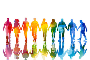Colorful silhouettes of diverse people holding hands, Diversity Equity and Inclusion, modern company background