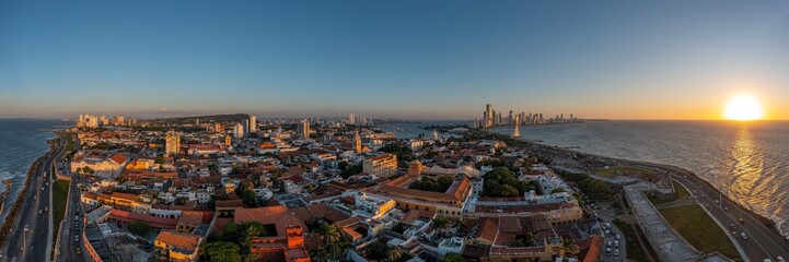 Panorama of Cartagena, Colombia from drone at sunset	
