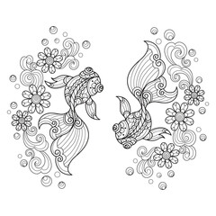 Obraz premium Goldfish and flower wave hand drawn for adult coloring book