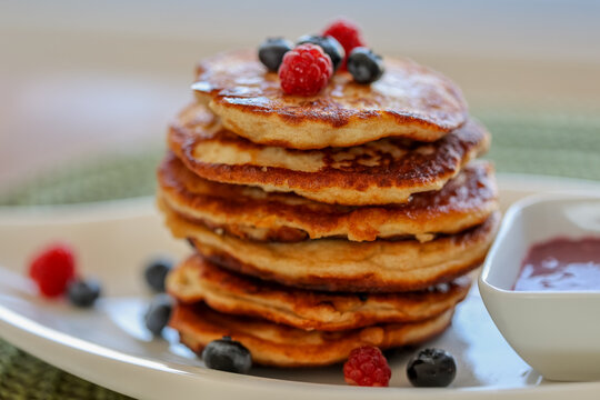 Pancakes with fruits. Closeup. Healthy. Breakfast