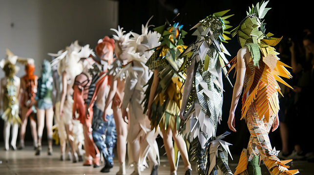 A group of models wearing avant-garde fashion with headpieces made of paper or fabric in the shape of leaves and flowers walk the runway during a fash
