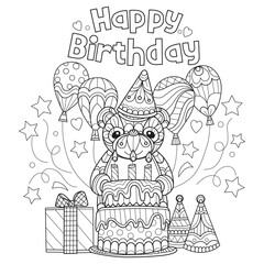 Teddy bear and birthday cake hand drawn for adult coloring book