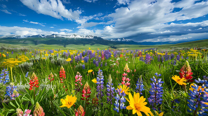 A beautiful landscape of a field of wildflowers with mountains in the distance. The flowers are in bloom and the colors are vibrant.