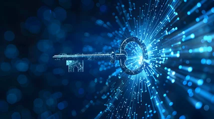 Foto op Aluminium key on blue background, safety and data protection in the online and cyber concept, digital asset and blockchain technology security © Slowlifetrader