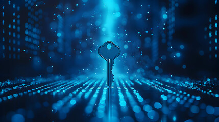 key on blue background, safety and data protection in the online and cyber concept, digital asset and blockchain technology security - obrazy, fototapety, plakaty