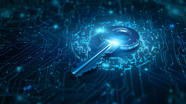 key on blue background, safety and data protection in the online and cyber concept, digital asset and blockchain technology security