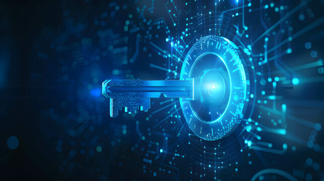 key on blue background, safety and data protection in the online and cyber concept, digital asset and blockchain technology security