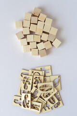 wood cubes and wood stencil letters and symbols