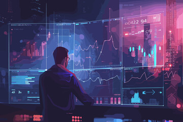 Businessman analyzing financial data and growth, economic diagram and chart, investment and stock market concept, vector illustration. - obrazy, fototapety, plakaty