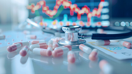 Medical pills and stethoscope on the desk, with stock market charts in background, investing in the medical business and stock - obrazy, fototapety, plakaty