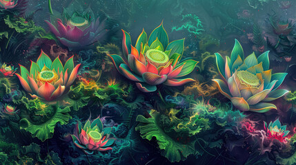 Fototapeta na wymiar Trippy Lotus Blossoms Amidst Mossy Textures. Psychedelic Flowers Texture