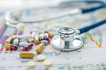 Medical pills and stethoscope on the desk, with stock market charts in background, investing in the medical business and stock