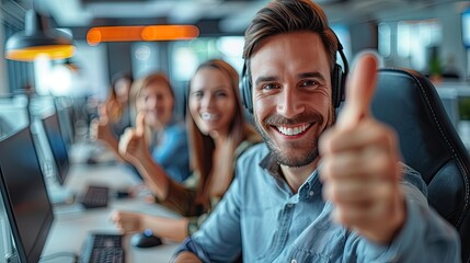 Male customer service representative giving thumbs up while working with colleagues in call center