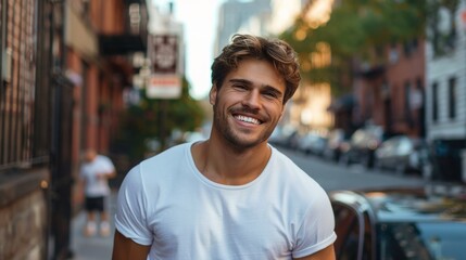 Man Standing on City Street Smiling
