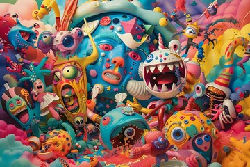 A colorful and whimsical scene featuring various characters in a state of bumfuzzle and chaos, creating a sense of confusion and whimsy - obrazy, fototapety, plakaty